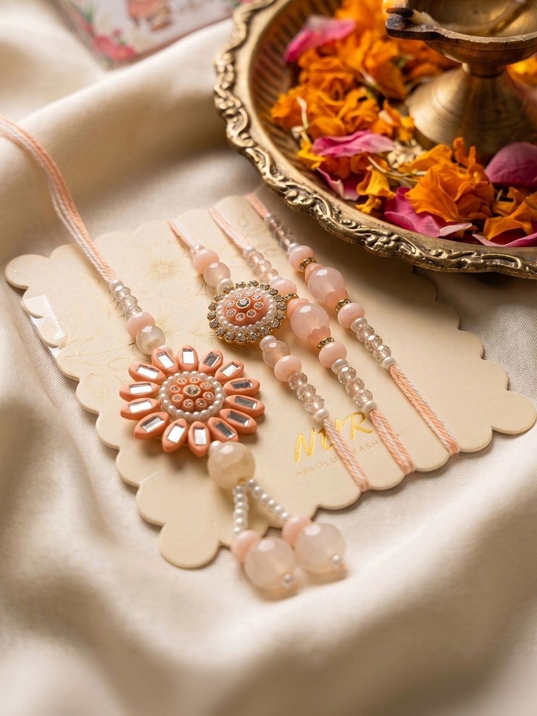 Anouk Set Of 4 Beaded Family Pack Thread Rakhi With Roli Chawal Chandan Mishri