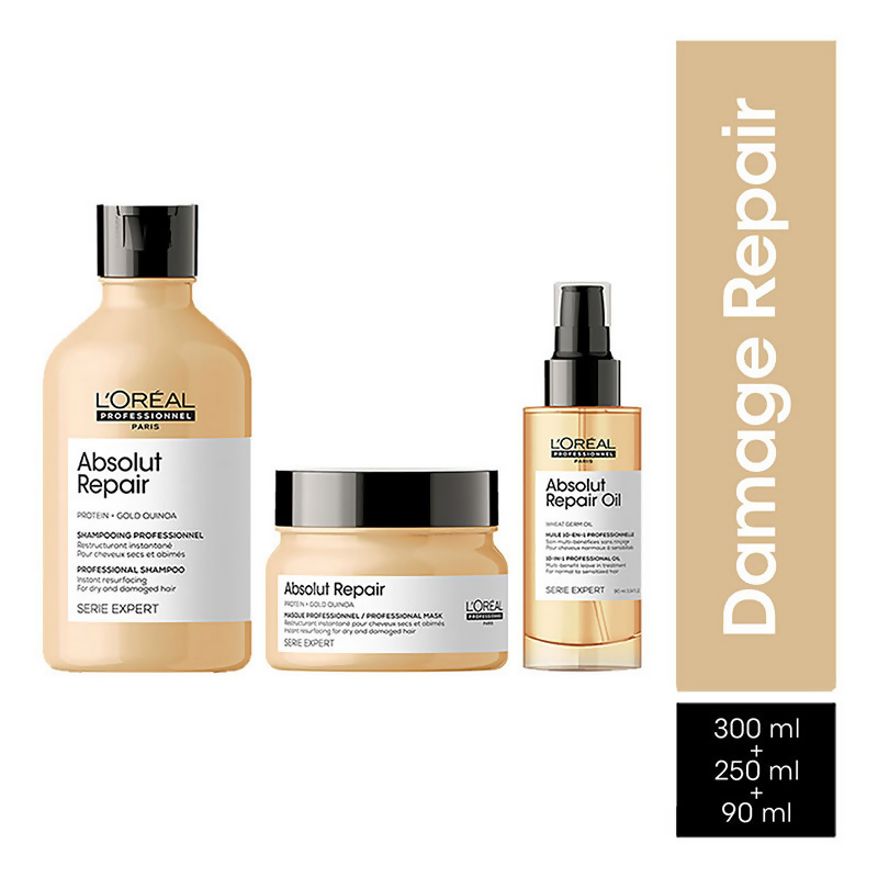 L'Oreal Professionnel Absolut Repair hair mask, shampoo, and serum from Serie Expert for damaged hair care.