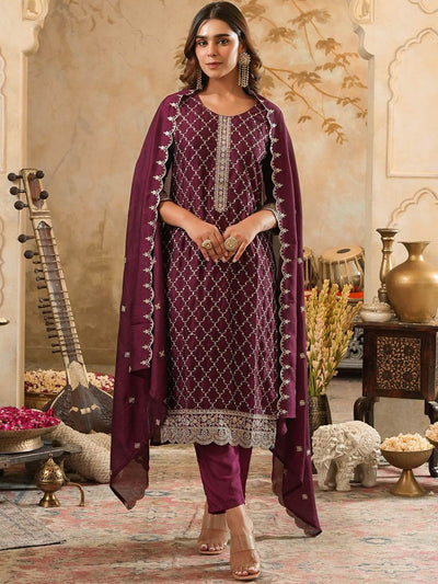 Indyancart IE Women Ethnic Motifs Embroidered Regular Sequinned Kurta with Trousers & Dupatta
