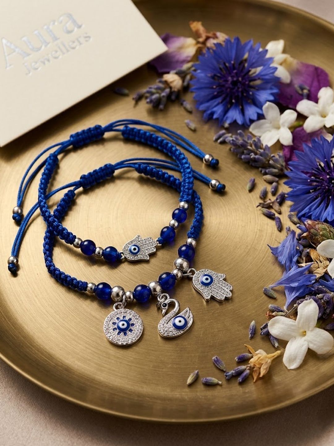 Anouk Set Of 2 Blue & Silver Evil Eye Design Bhaiya Bhabhi Rakhi With Roli Chawal Chandan