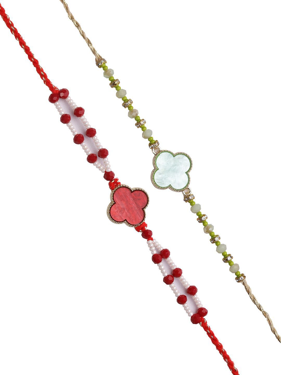 Anouk Set Of 2 Red Beaded Rakhi With Roli Rice & Greeting Card