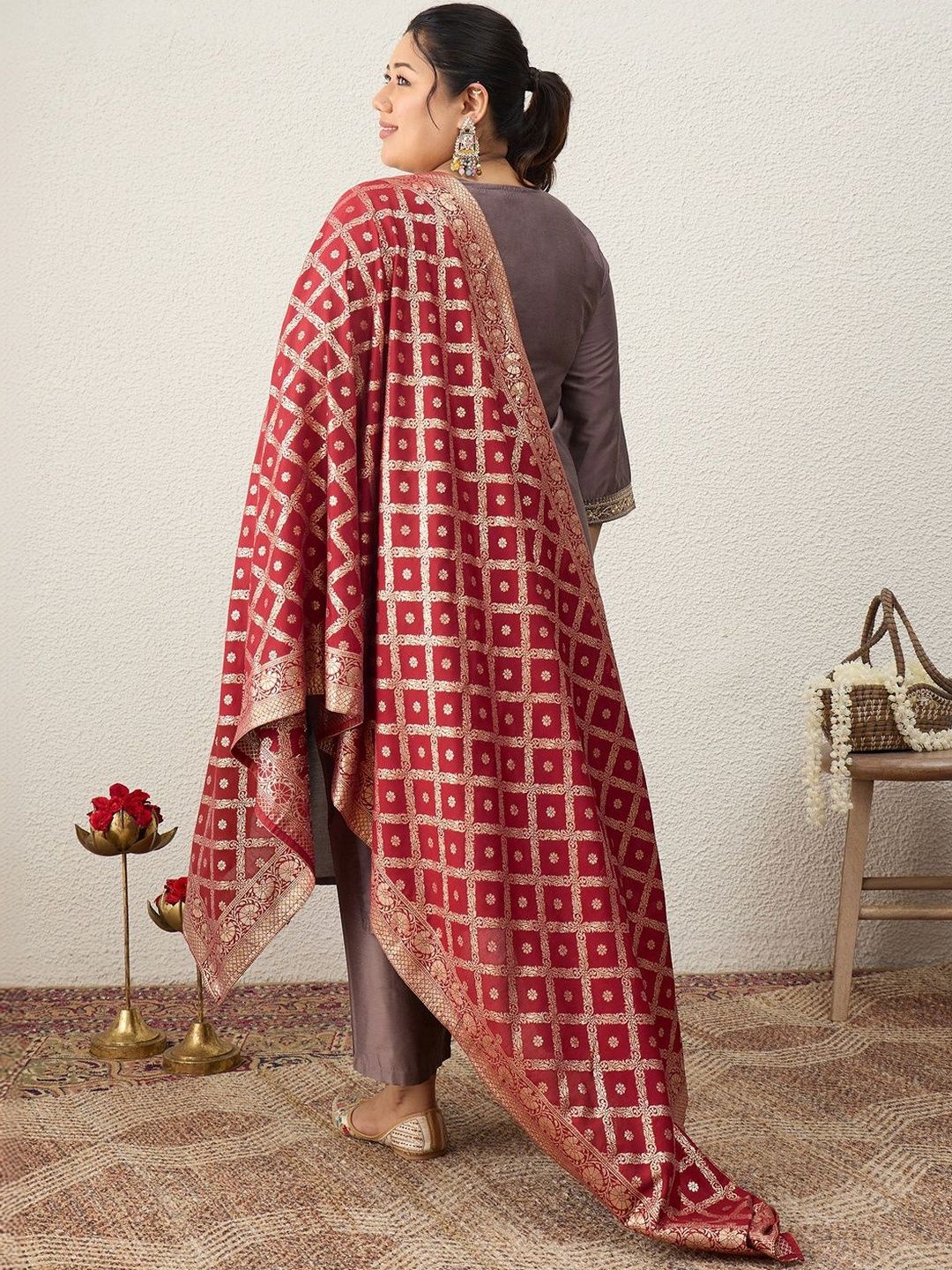 Indyancart Women's Ethnic Motifs Embroidered Regular Sequinned Kurta with Palazzos & With Dupatta