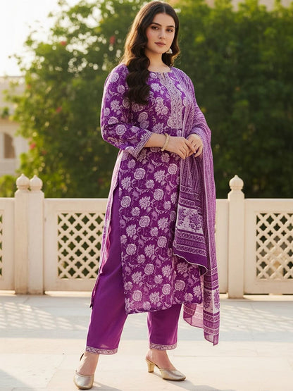 Indyancart Women's Floral Printed Regular Mirror Work Pure Cotton Kurta with Trousers & With Dupatta