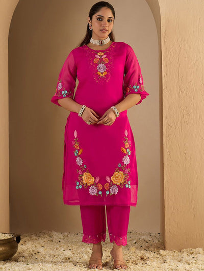Indyancart IE Women's Women Floral Embroidered Thread Work Kurta With Trousers & Dupatta Kurta Sets