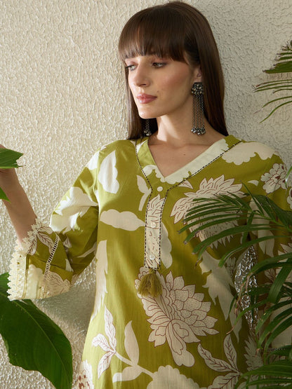 Floral Printed Pure Cotton Straight Kurta With Trousers