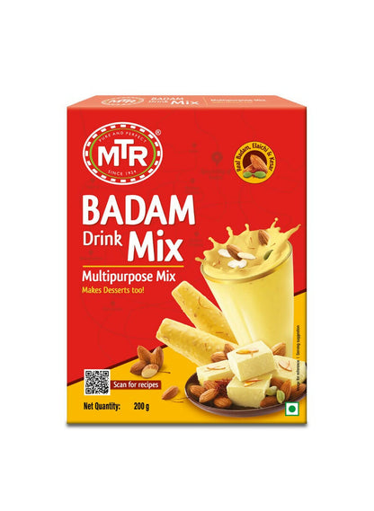 MTR Badam Drink Mix instant beverage in a packet, almond-flavored drink powder for quick preparation.
