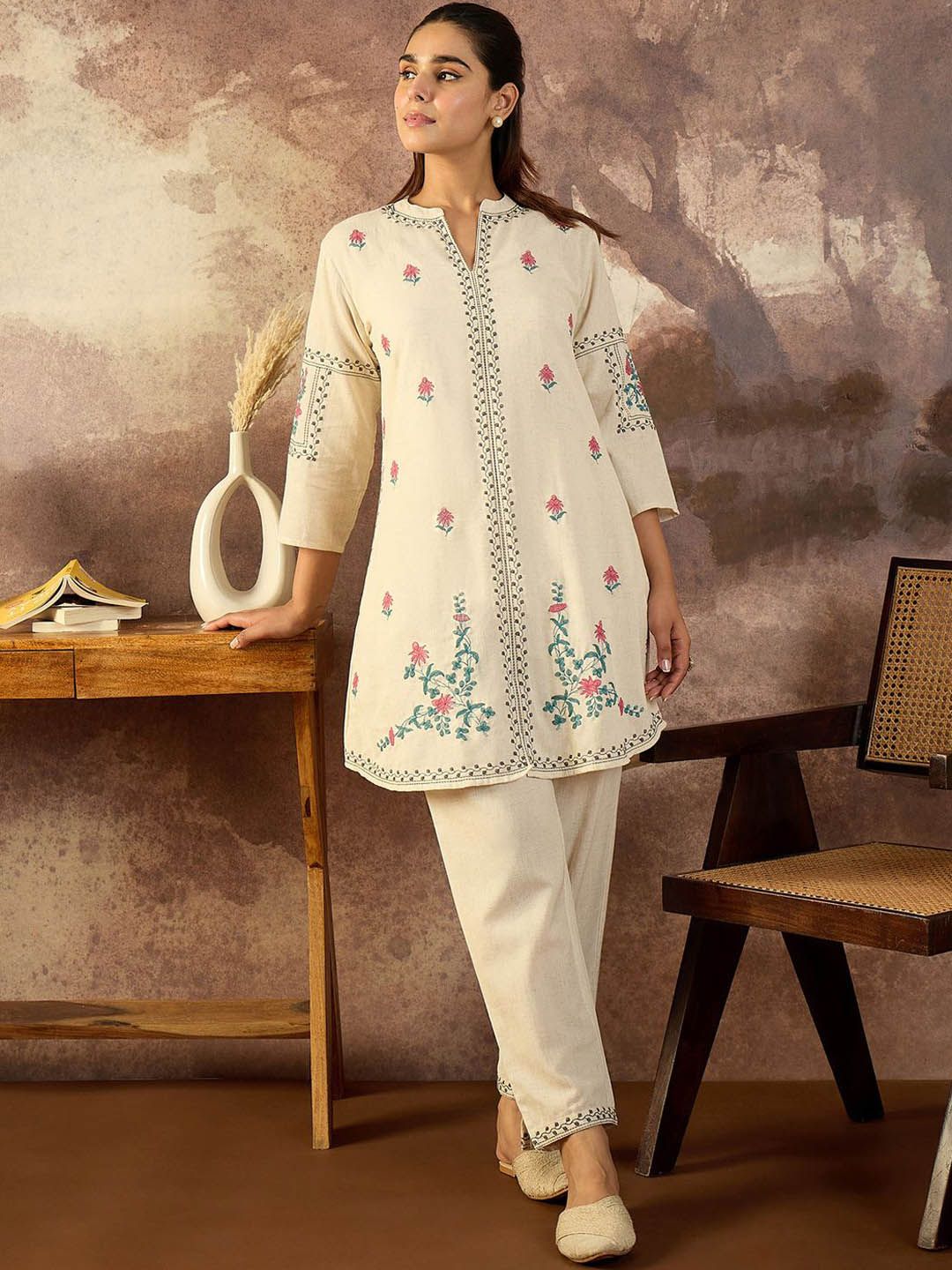 Dhiyona IE Embroidered Pure Cotton Mandarin Collar Neck Top With Trousers A-Line Co-Ords