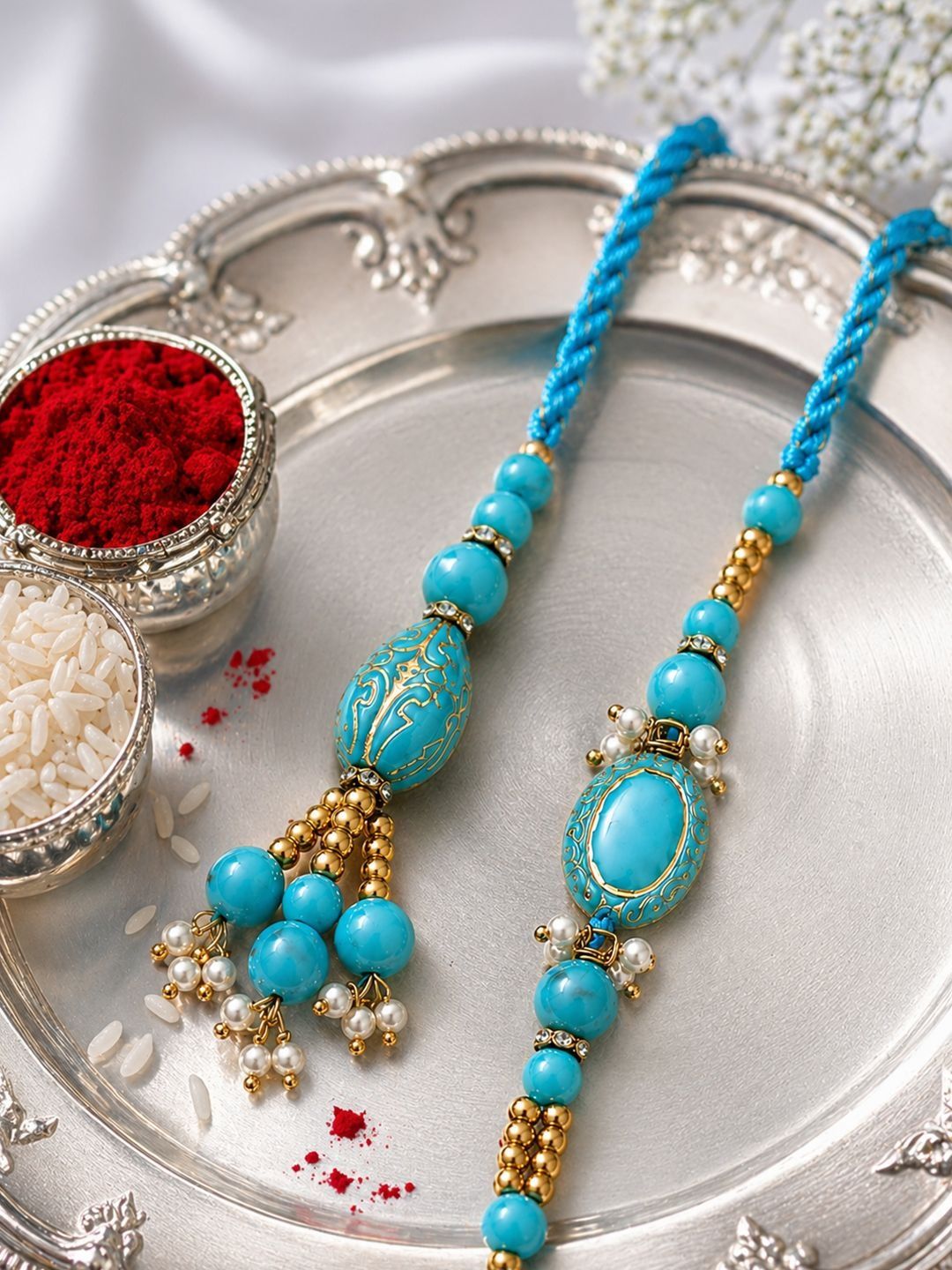 Anouk Set Of 2 Turquoise Blue Artificial Beads Bhaiya Bhabhi Rakhi