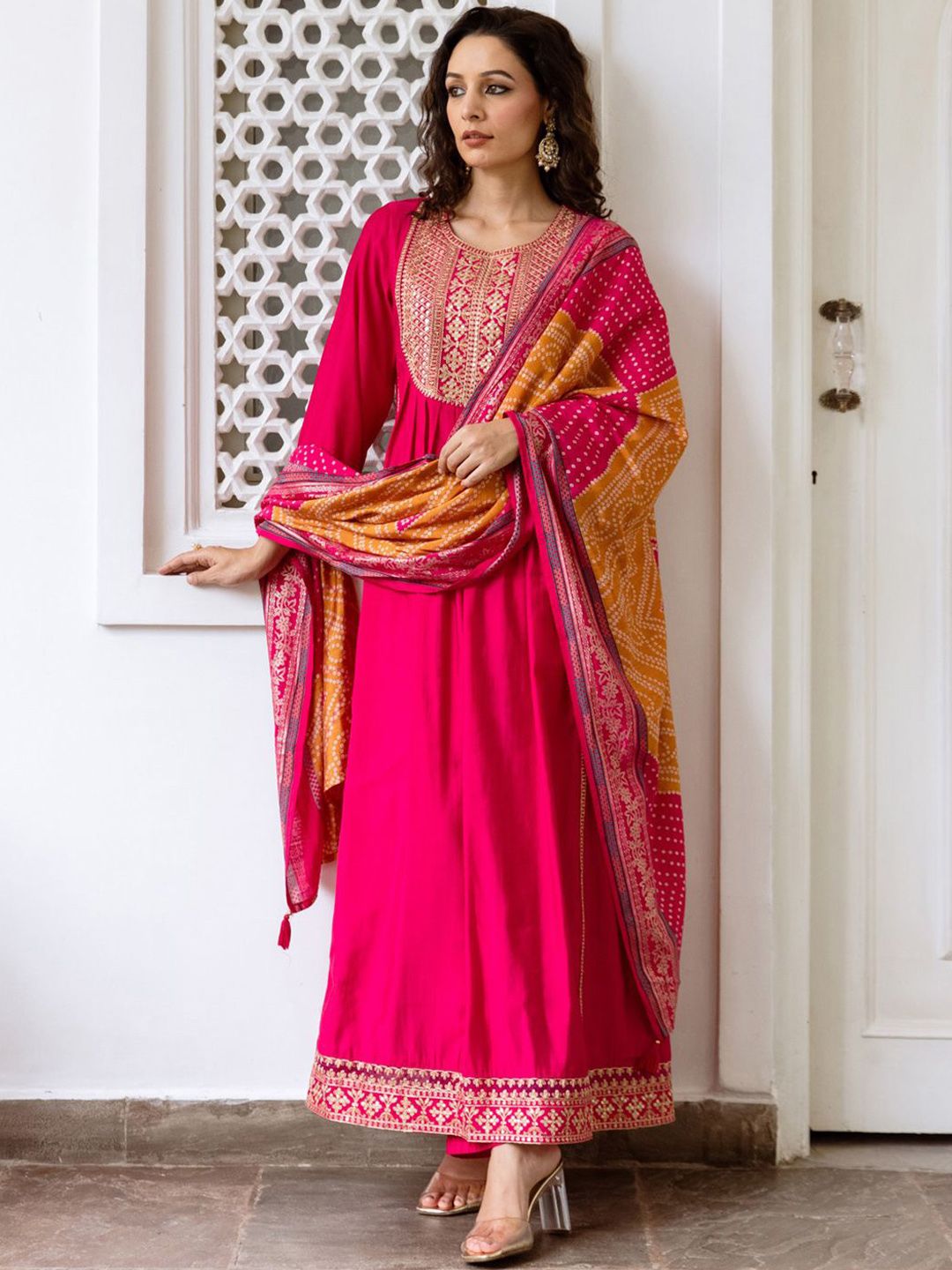 Indyancart IE Women Ethnic Motifs Embroidered Empire Kurta with Trousers & With Dupatta