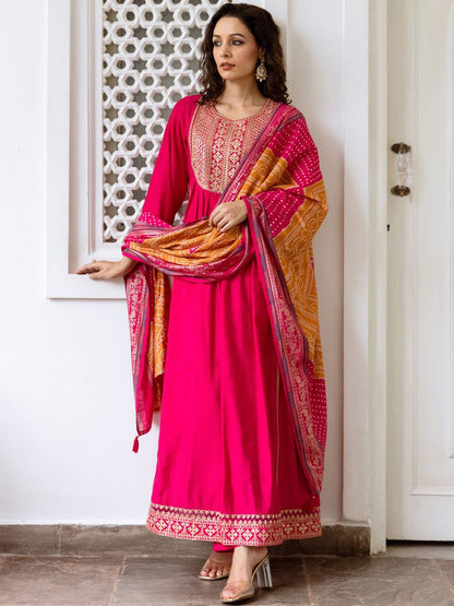Indyancart IE Women Ethnic Motifs Embroidered Empire Kurta with Trousers & With Dupatta