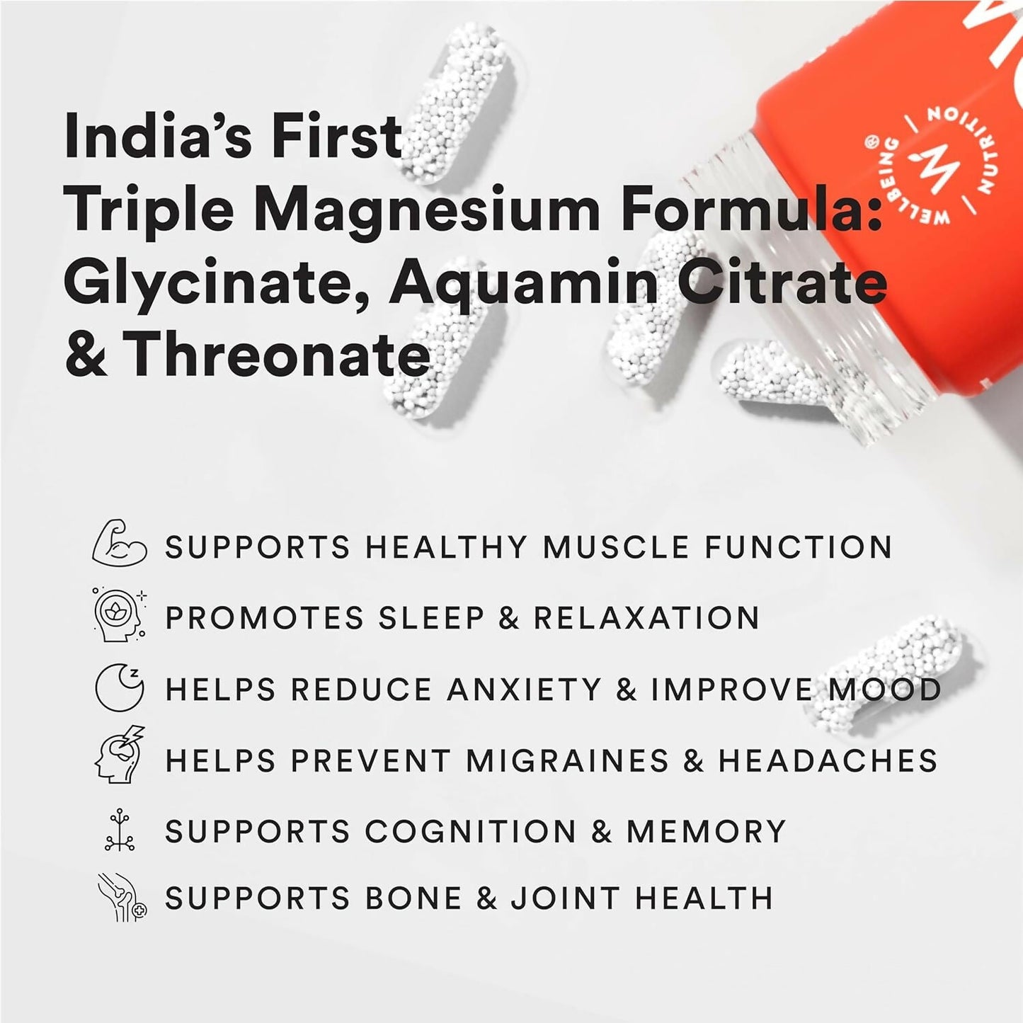 Wellbeing Nutrition Slow Triple Magnesium Complex Ayurvedic capsules in a white bottle with capsules visible inside.