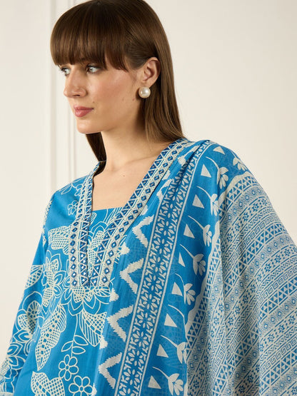 Women Floral Printed Regular Pure Cotton Kurta with Palazzos & With Dupatta
