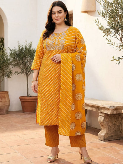 Indyancart Women's Ethnic Motifs Striped Regular Thread Work Pure Cotton Kurta with Trousers & With Dupatta