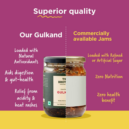 Two Brothers Organic Farms natural Gulkand spread in a jar, showcasing its pink rose petal preserve with fresh rose petals.