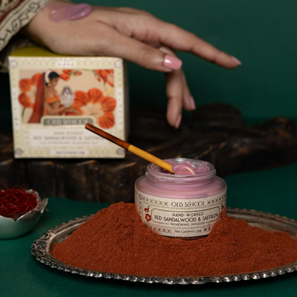 Old School Rituals Red Sandalwood and Saffron face moisturizer in a sleek jar, showcasing its rich, creamy texture and natural ingredients.
