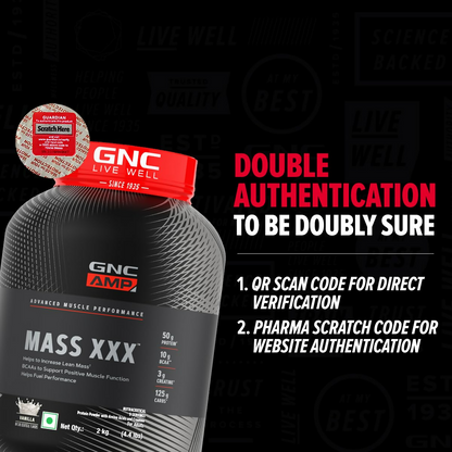 GNC AMP XXX Mass Gainer Ayurvedic protein powder in vanilla flavor, showing the product container with label and scoop.
