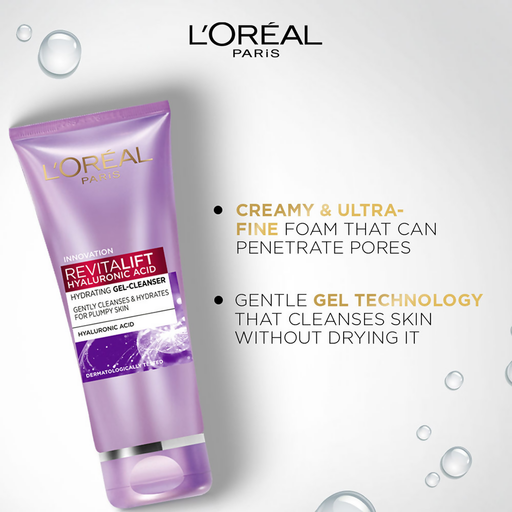 L'Oreal Paris Hydrated, plump, radiant skin kit with serums and essence bottles, showcasing skincare products in the set