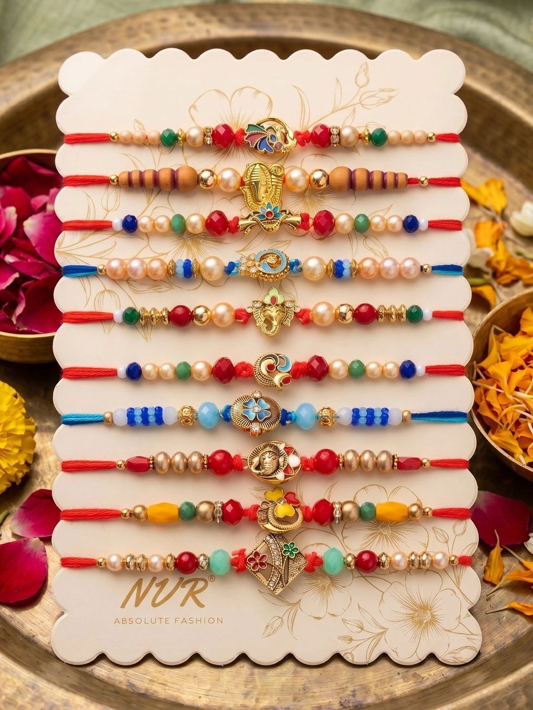 Anouk Set Of 10 Artificial Stones & Beads Thread Rakhi With Roli Chawal Chandan Mishri