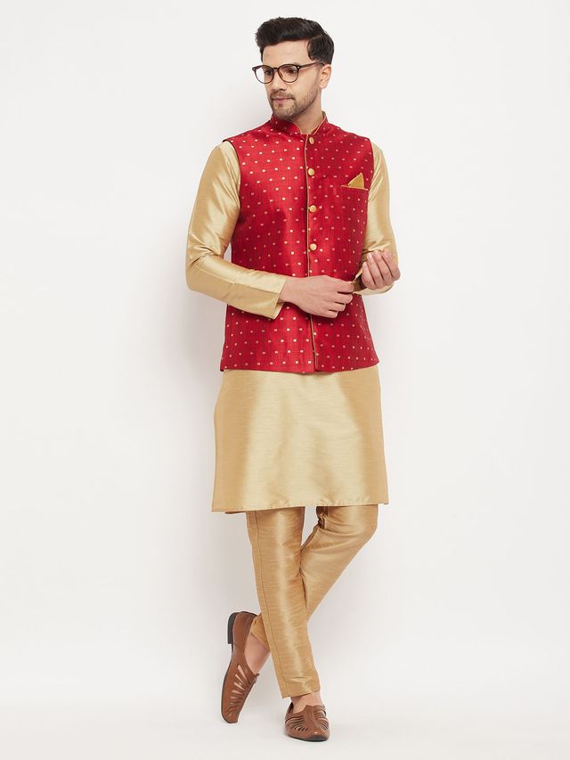 Men's Gold Silk Blend Straight Jacket  Kurta and Dhoti Set