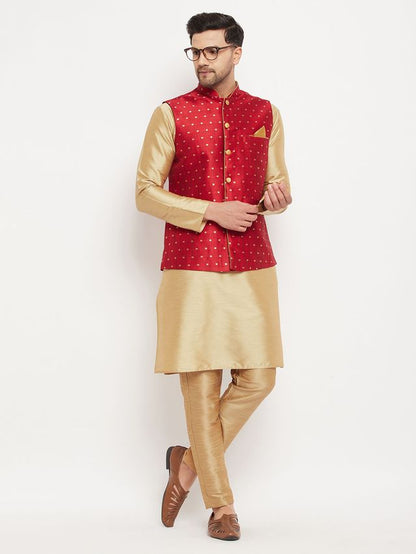 Men's Gold Silk Blend Straight Jacket  Kurta and Dhoti Set