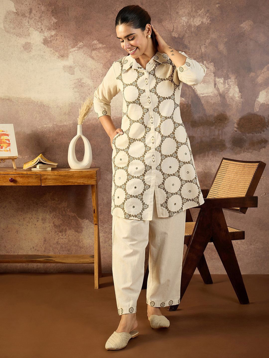 Dhiyona IE Printed Shirt Collar Tunic With Trouser