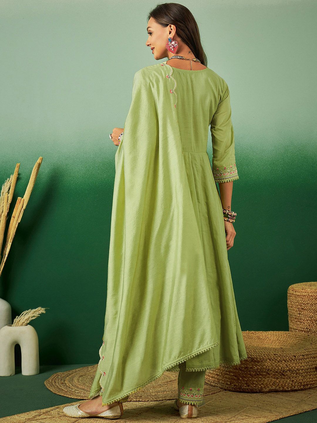 Indyancart SN Women's Sequence Embroidered Pure Cotton Anarkali Kurta With Trousers & Dupatta