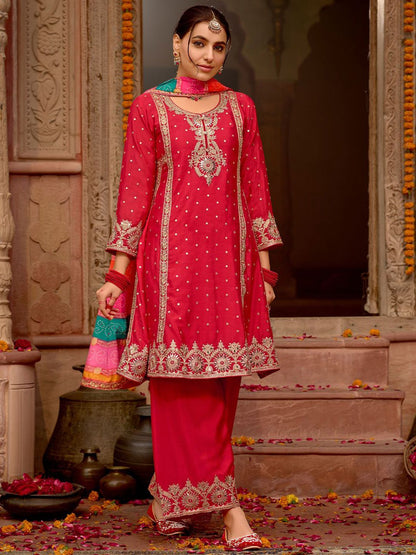 Indyancart IE Floral Embroidered Panelled Mirror Work A-Line Kurta With Palazzos & Dupatta