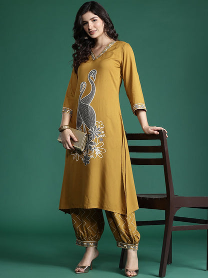 Indyancart IE Quirky Printed Beads & Stones Kurta with Salwar