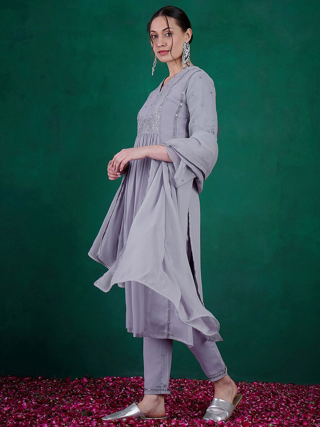 Indyancart SN Women's Floral Embroidered A-Line Kurta With Trouser & Dupatta