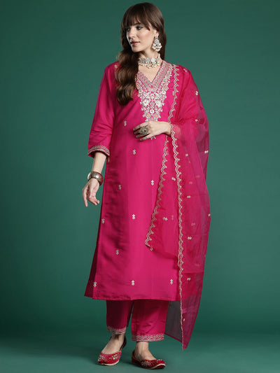 Indyancart IE Ethnic Motifs Embroidered Sequinned Kurta with Trousers & With Dupatta