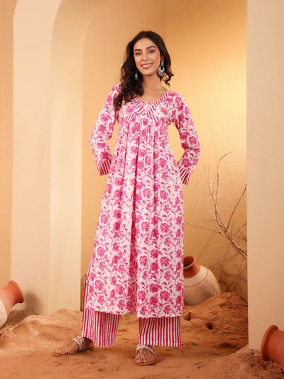 Indyancart VA Women'sFloral Printed V Neck Pure Cotton A Line Kurta With Palazzos And Dupatta