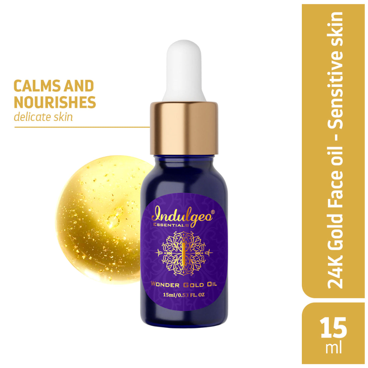 Indulgeo Essentials Wonder Gold Oil 24K gold-infused face primer for dry, sensitive skin, with a smooth, luminous texture.