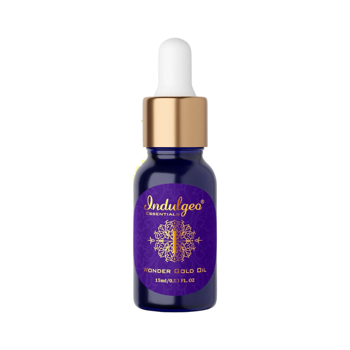Indulgeo Essentials Wonder Gold Oil 24K gold-infused makeup face primer for dry, sensitive skin, with a sleek pump bottle and golden accents.