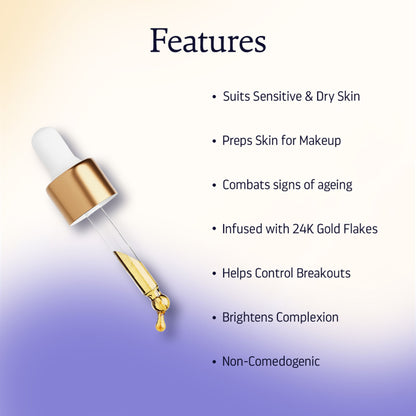Indulgeo Essentials Wonder Gold Oil 24K gold-infused face primer for dry, sensitive skin, showing the luxurious bottle and applicator.