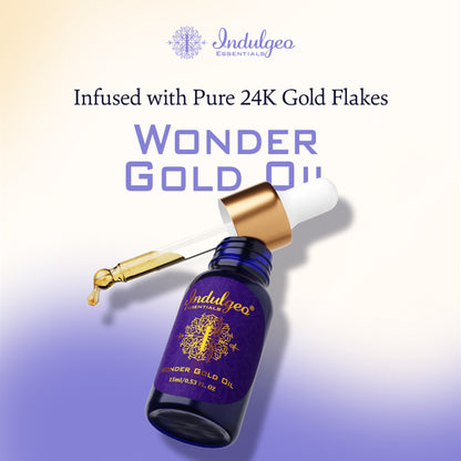 Indulgeo Essentials Wonder Gold Oil 24K gold-infused face primer for dry, sensitive skin, showing the product bottle and packaging.