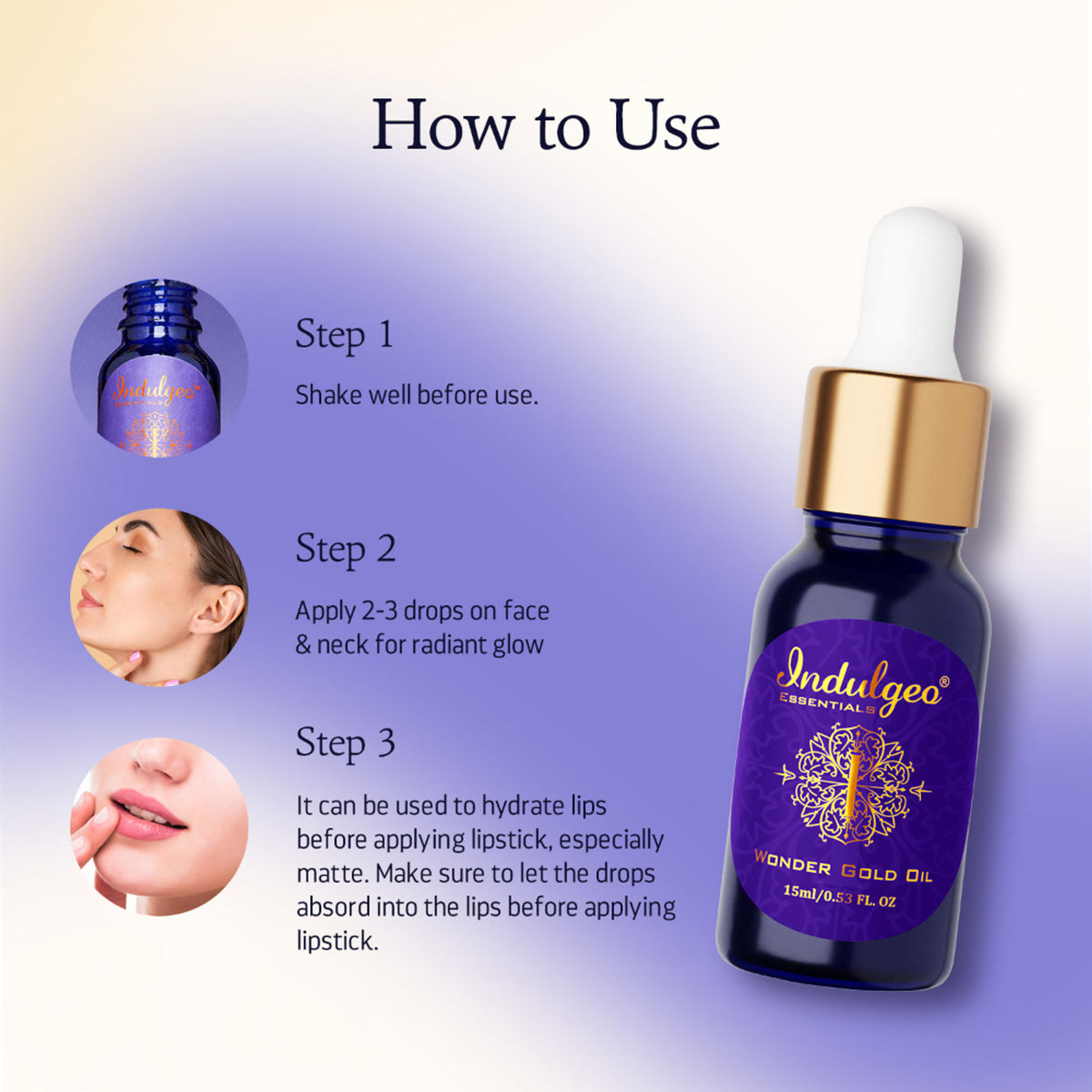 Indulgeo Essentials Wonder Gold Oil 24K gold-infused face primer for dry, sensitive skin, showing the elegant bottle and applicator.