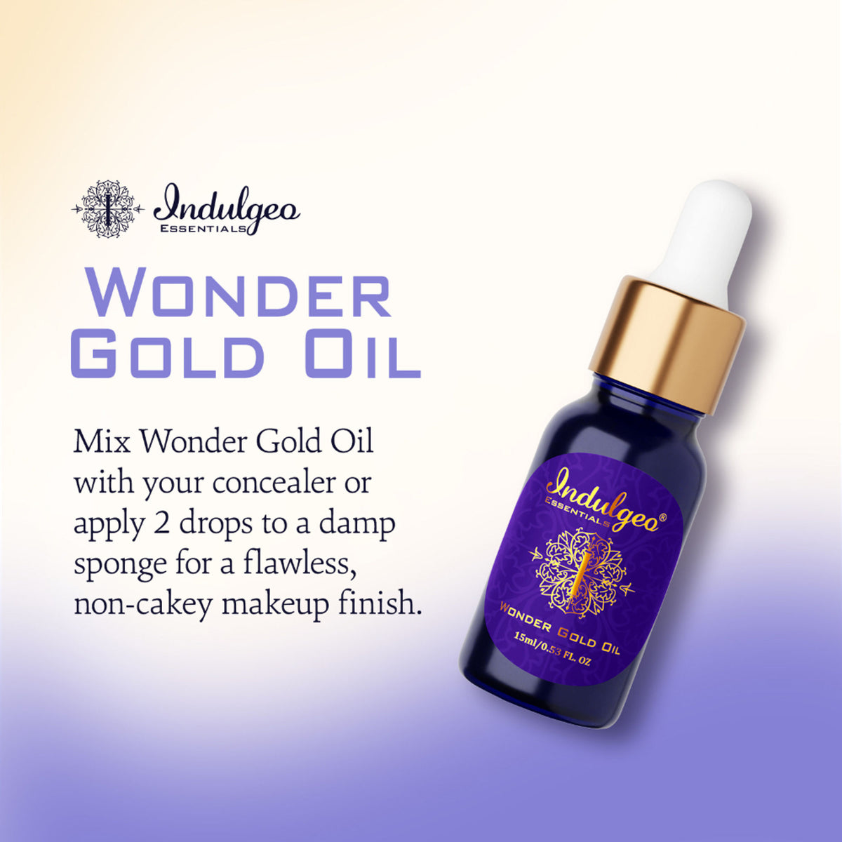 Indulgeo Essentials Wonder Gold Oil 24K gold-infused face primer for dry, sensitive skin, with a sleek bottle and gold accents.