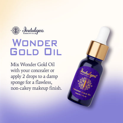 Indulgeo Essentials Wonder Gold Oil 24K gold-infused face primer for dry, sensitive skin, with a sleek bottle and gold accents.