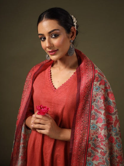 Women's Anarkali Pure Cotton Kurta With Trousers & Dupatta