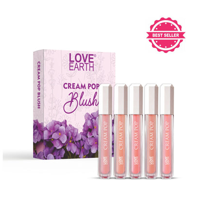 Set of five Love Earth Cream Pop Blushes in various shades, featuring round packaging with colorful labels.