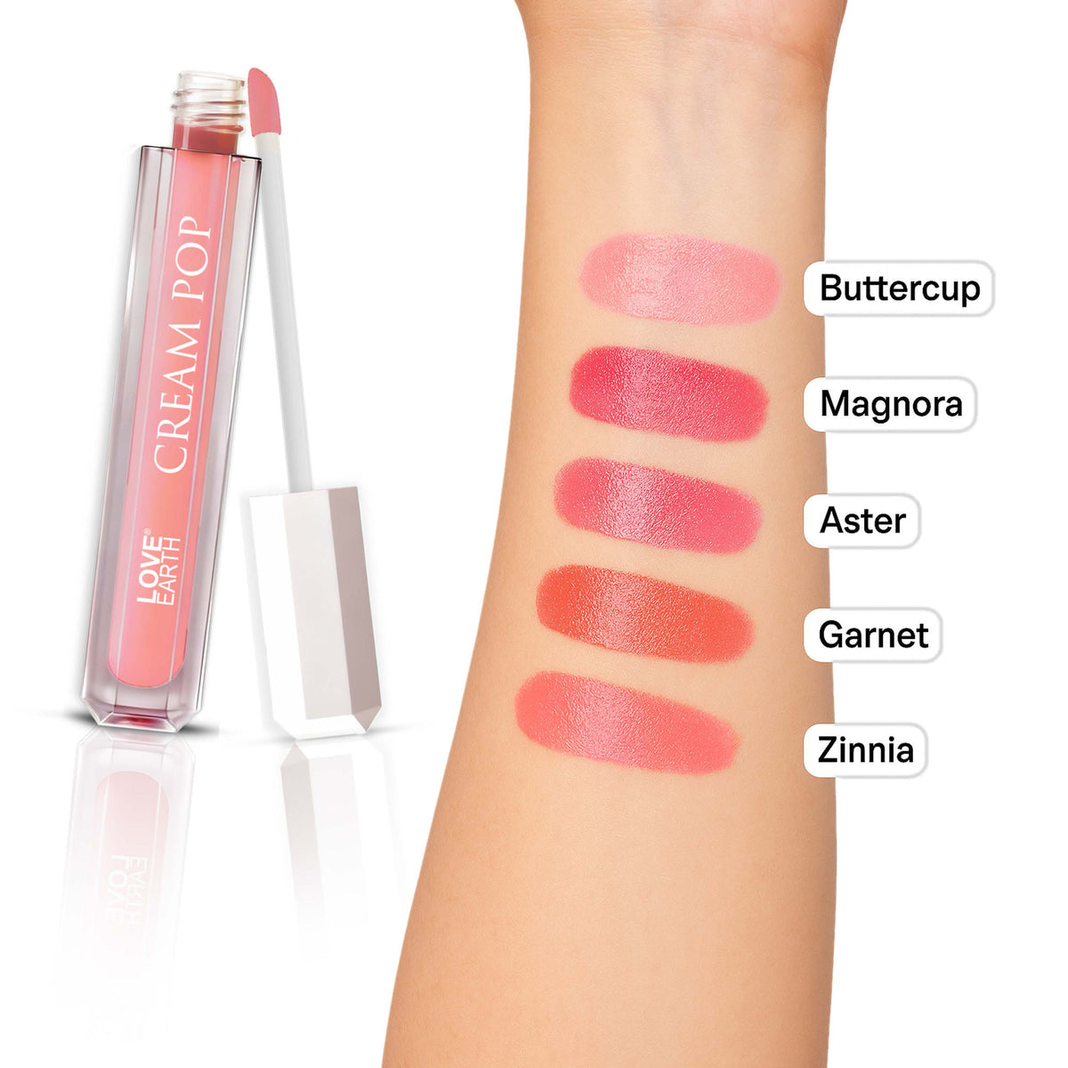 Set of five Love Earth Cream Pop Blush sticks in various shades, featuring smooth, creamy textures for natural rosy cheeks.