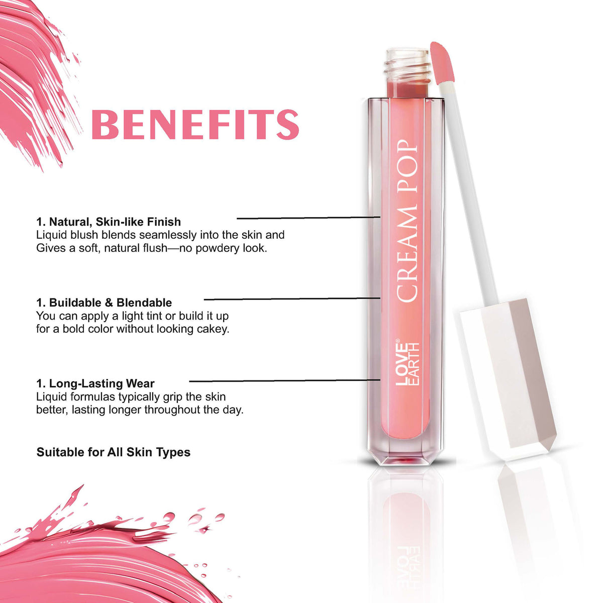 Set of five Love Earth Cream Pop Blush sticks in various shades, featuring round packaging and colorful blush formulations.