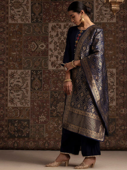 Indyancart IE Navy Blue Thread Work Liva Kurta With Palazzos & Dupatta