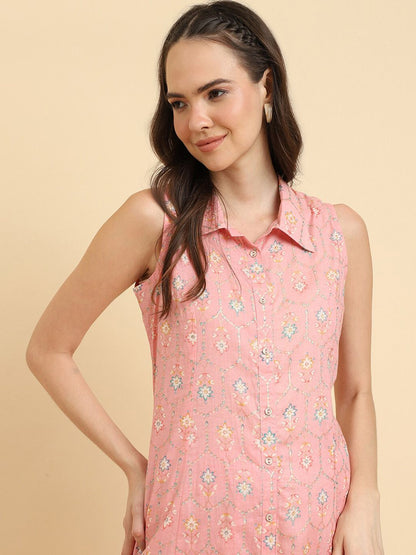 Indyancart VA Women'sPink Floral Printed Regular Kurta with Trousers