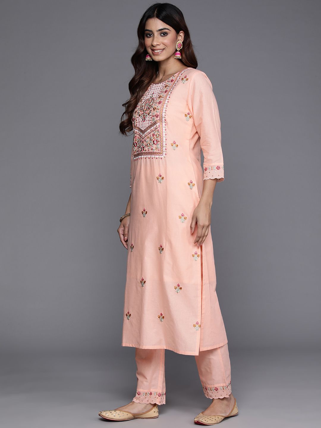 Indyancart VA Women'sFloral Embroidered Sequinned Pure Cotton Kurta with Trousers & Dupatta