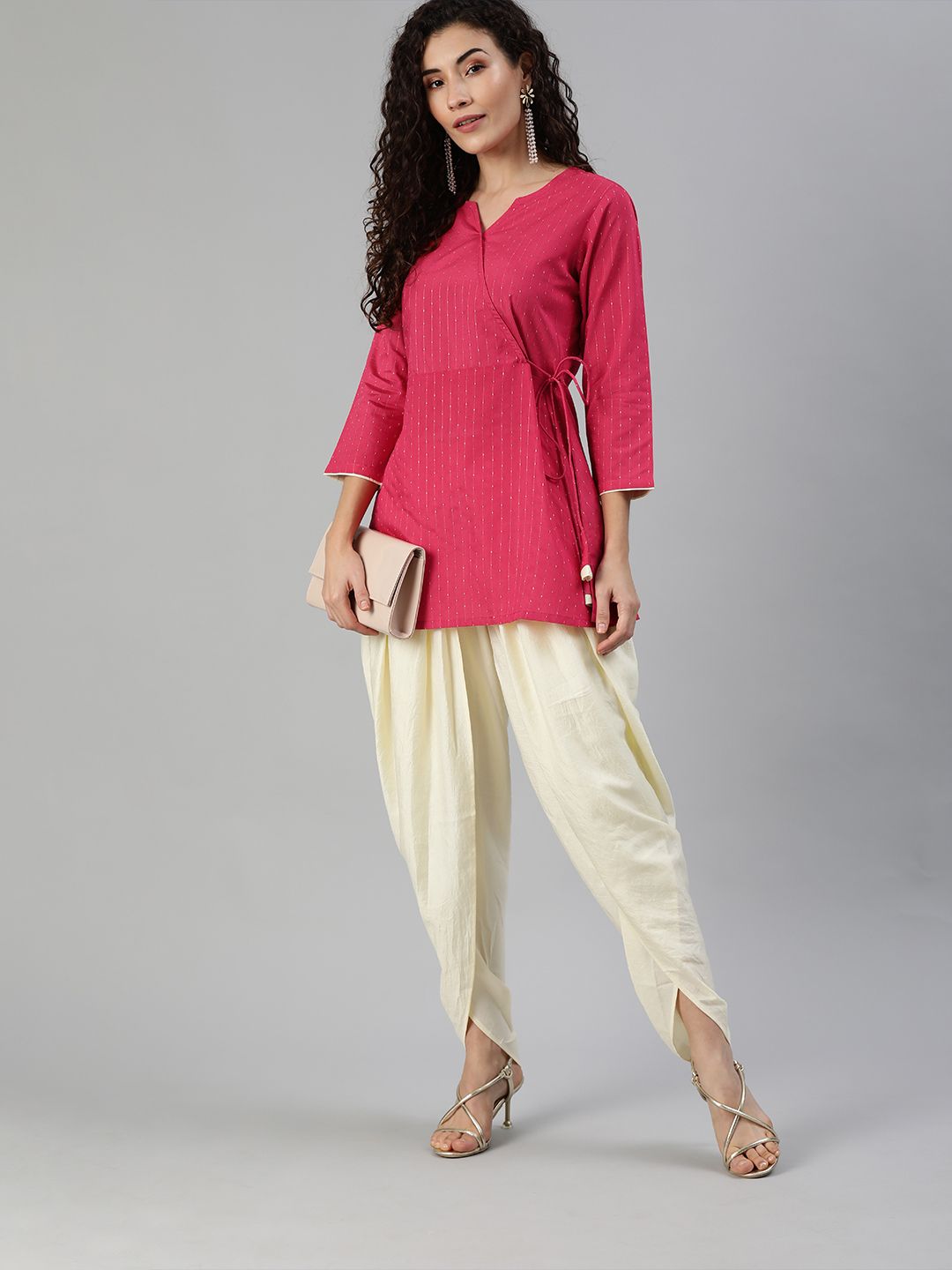 Indyancart IE Women Pink Woven Design Top with Dhoti Pants