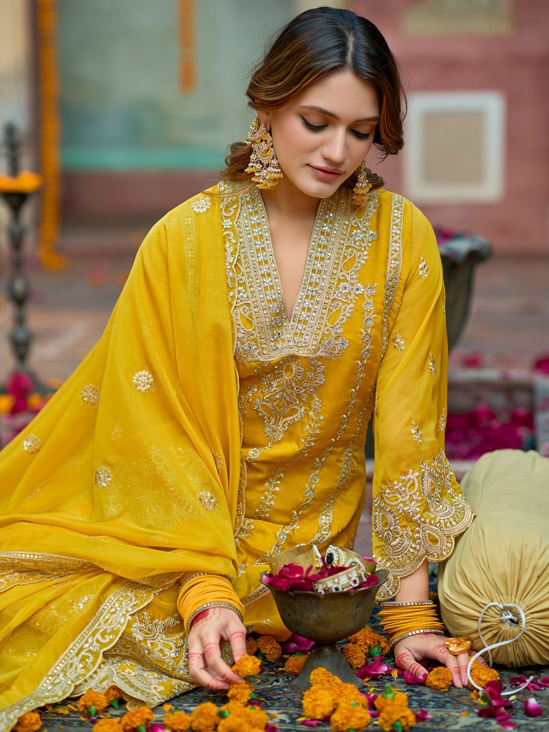 Floral Embroidered V-Neck Zari Organza Kurta With Trousers And Dupatta