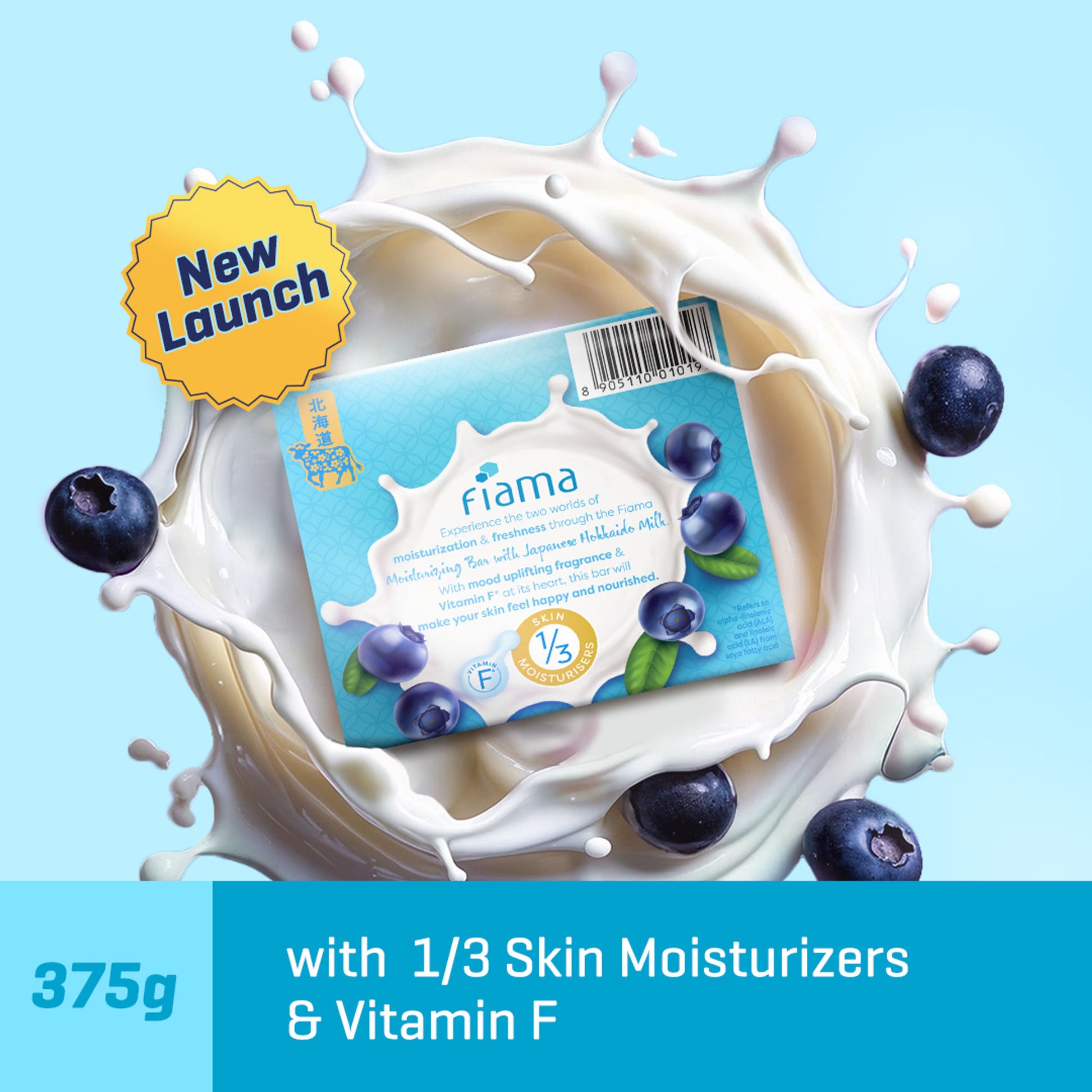 Fiama Skin Barrier Strengthening Moisturizing Soap Bar Japanese Hokkaido Milk, Blueberry