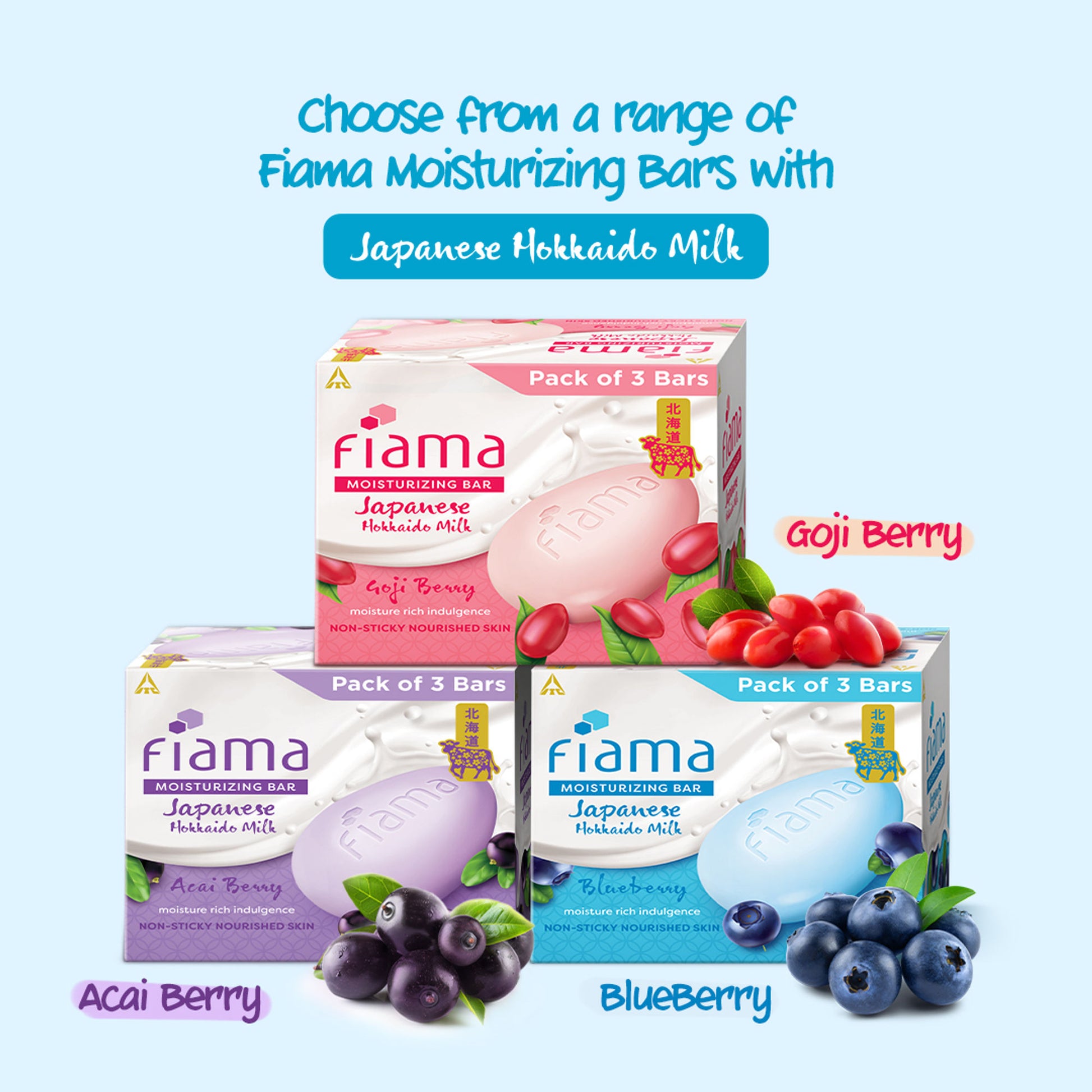 Fiama Skin Barrier Strengthening Moisturizing Soap Bar Japanese Hokkaido Milk, Blueberry