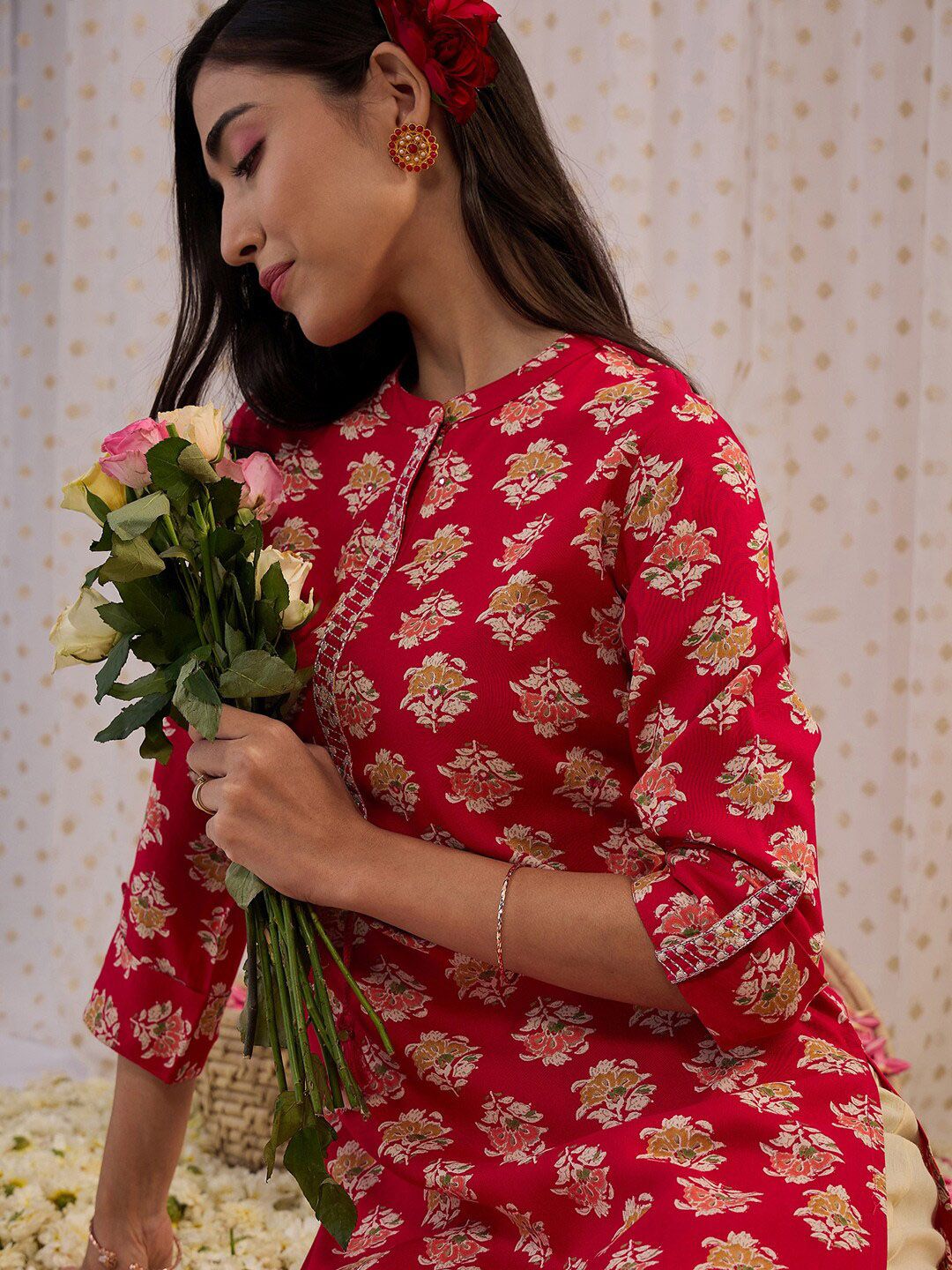 Indyancart IE Floral Printed Mandarin Collar Three-Quarter Sleeves Kurta